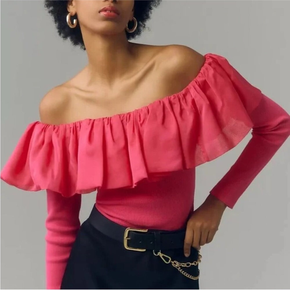 Anthropologie Pink Off-Shoulder Ruffle Top